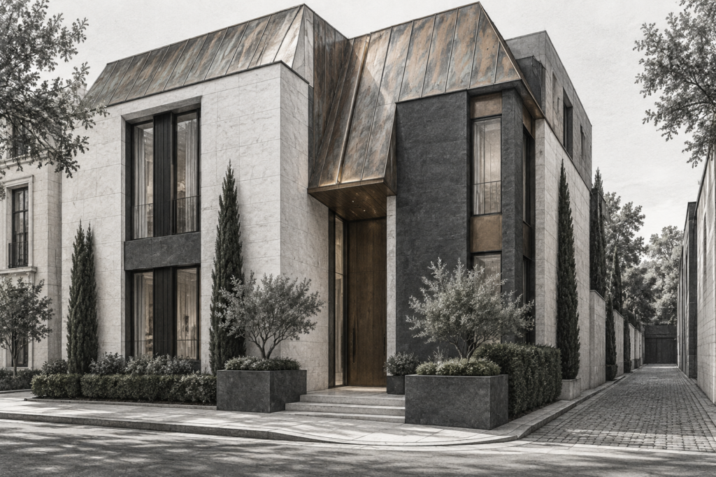 Luxury Real Estate Tax Strategies That Close Bigger Deals In 2026 1 Residence with urban townhouse, an urban townhouse of split volumes beneath a weathered roof, with a recessed entry and a narrow hidden service lane visible in perspective and the roof seam over the recessed entry.