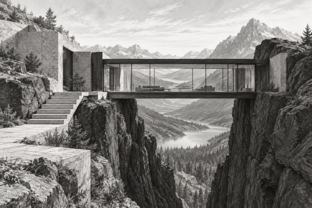 Luxury Real Estate Recruitment Strategies: Precision Interview Systems 1 Mountain residence with a glass gallery spanning a stone cleft.