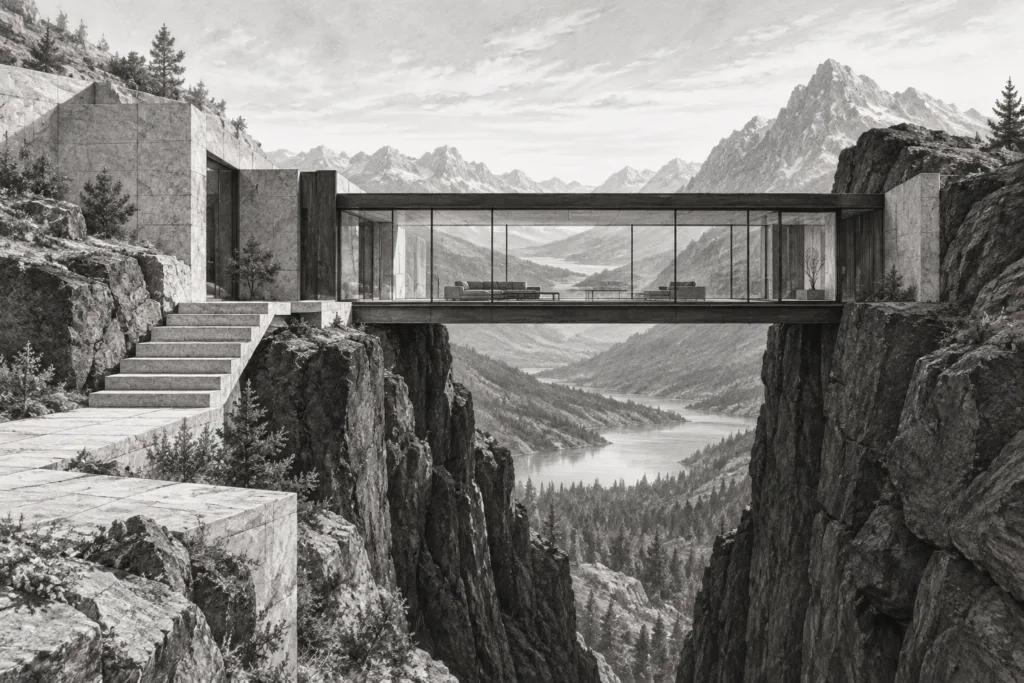 Mountain residence with a glass gallery spanning a stone cleft.