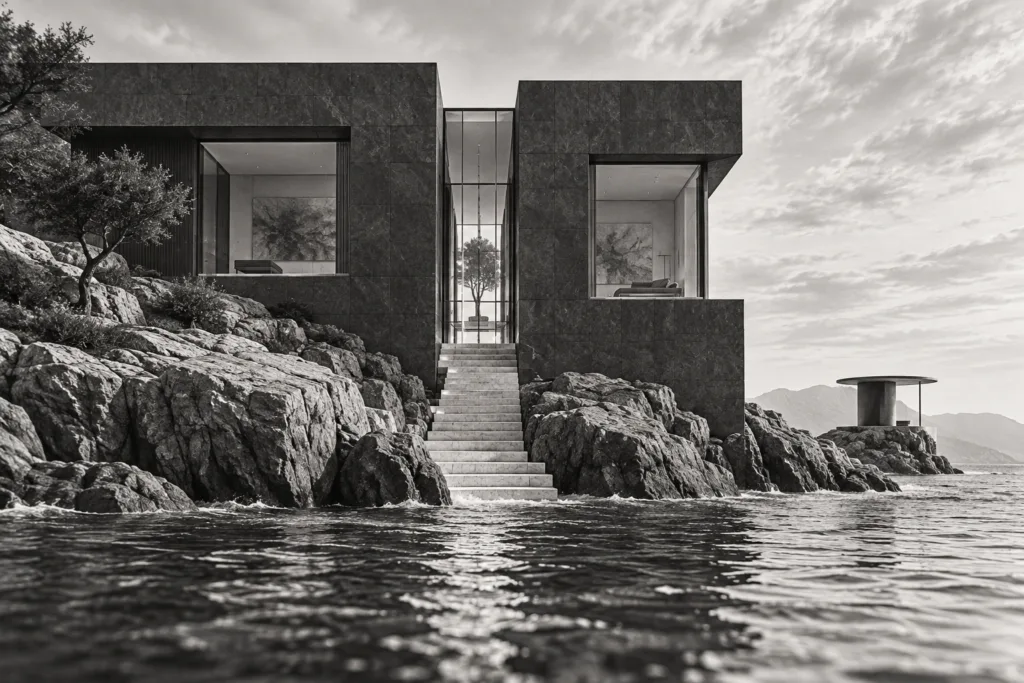 Luxury Real Estate Marketing Platforms Elite Agents Use In 2025 1 Waterfront residence of two square volumes separated by a glazed slot, with a stone stair descending toward the tide.