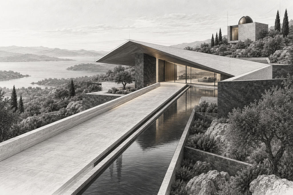 Blockchain Luxury Real Estate Transactions: The Unseen Edge 1 Residence with hillside folded roof rill, a hillside residence under one folded roof plane, approached by a long ramp beside a narrow reflecting rill; a small observatory volume sits apart on the upper contour and the folded roof and linear water rill along the arrival ramp.