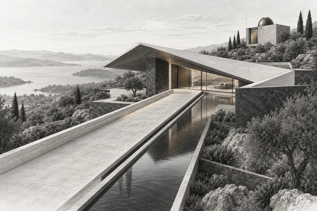 Blockchain Luxury Real Estate Transactions: The Unseen Edge 1 Residence with hillside folded roof rill, a hillside residence under one folded roof plane, approached by a long ramp beside a narrow reflecting rill; a small observatory volume sits apart on the upper contour and the folded roof and linear water rill along the arrival ramp.