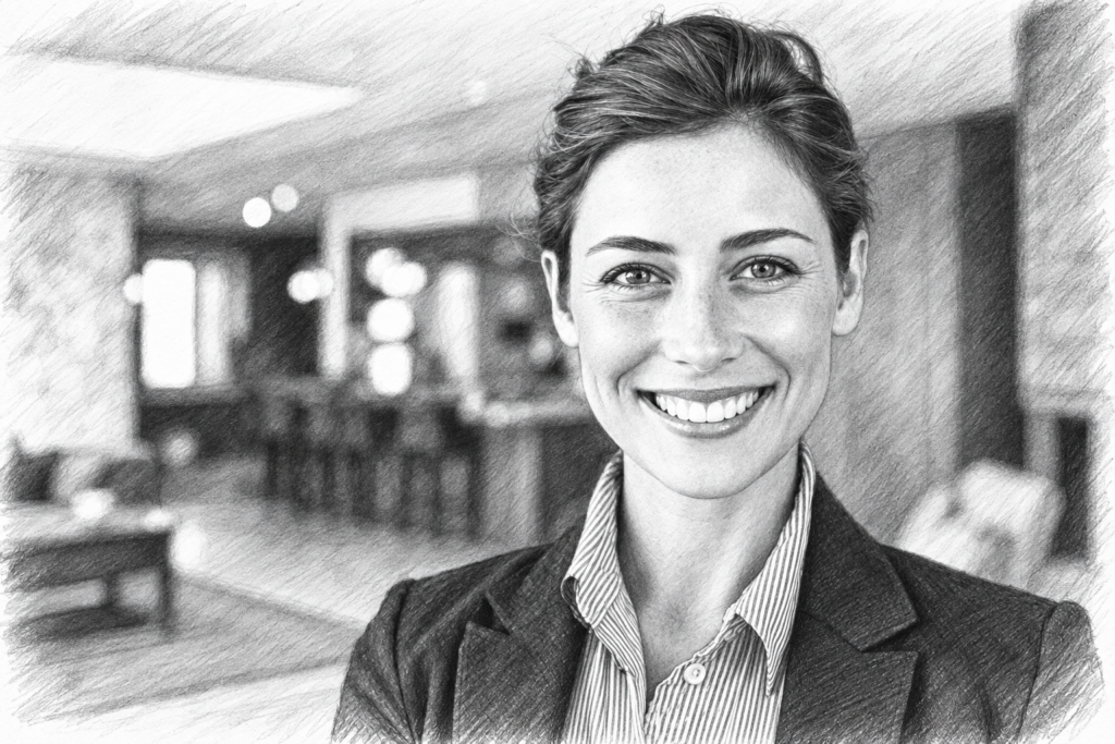 Smiling woman standing in a bright interior.