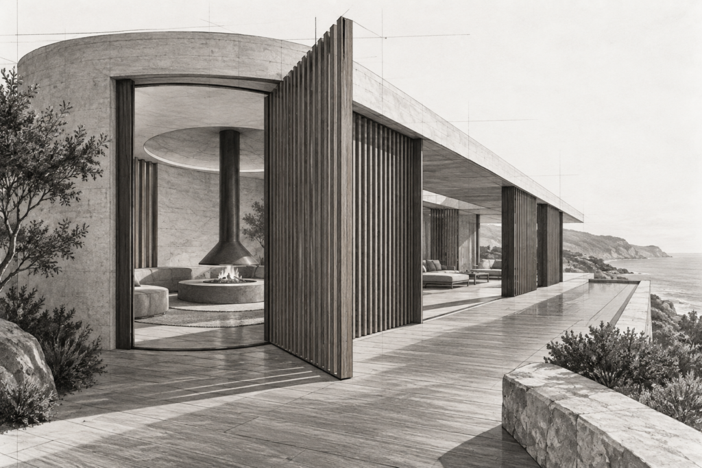 Luxury Real Estate Process Optimization For Elite, Repeatable Closings 1 Coastal residence behind a pivoting timber screen with a round hearth room and shaded sea deck.