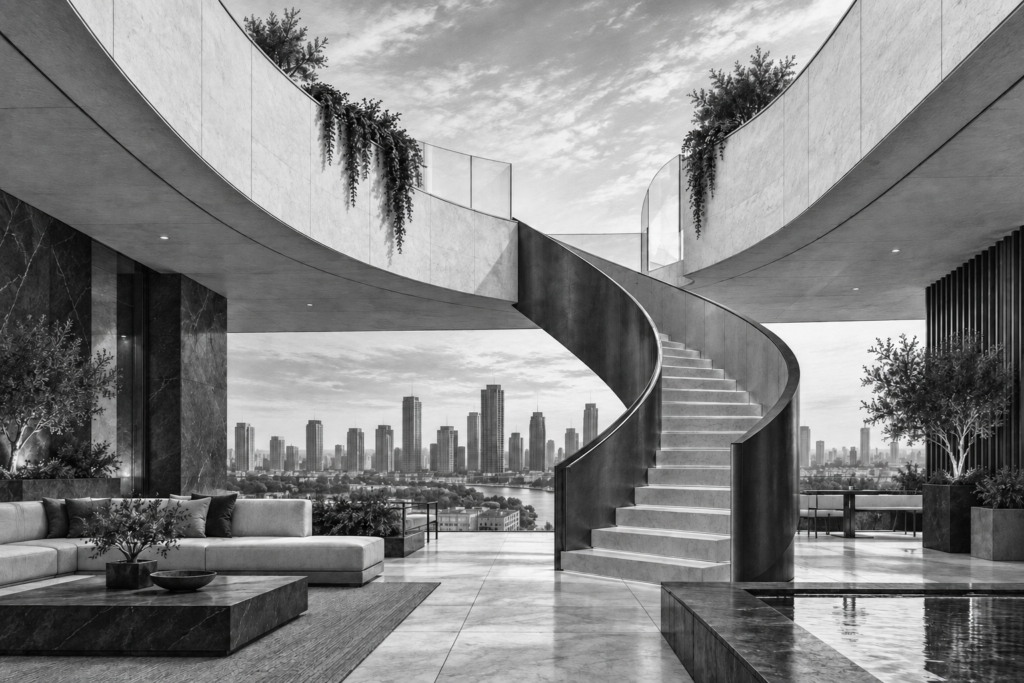 Rooftop residence with a covered terrace and curved exterior stair rising through a skyline opening.