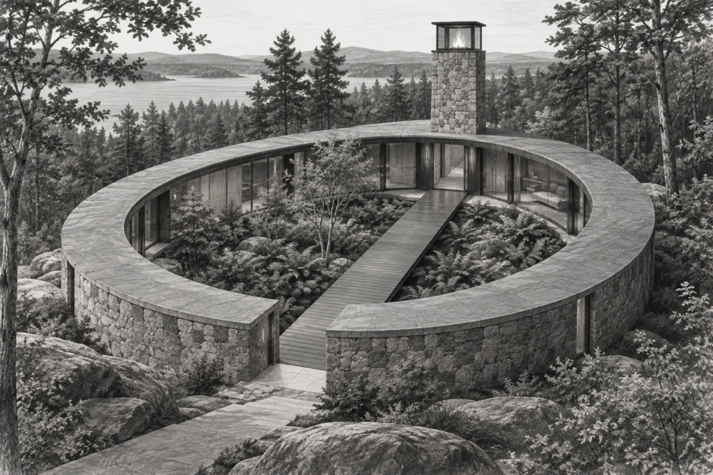 Forest-edge residence formed by an oval stone loop around a fern court.
