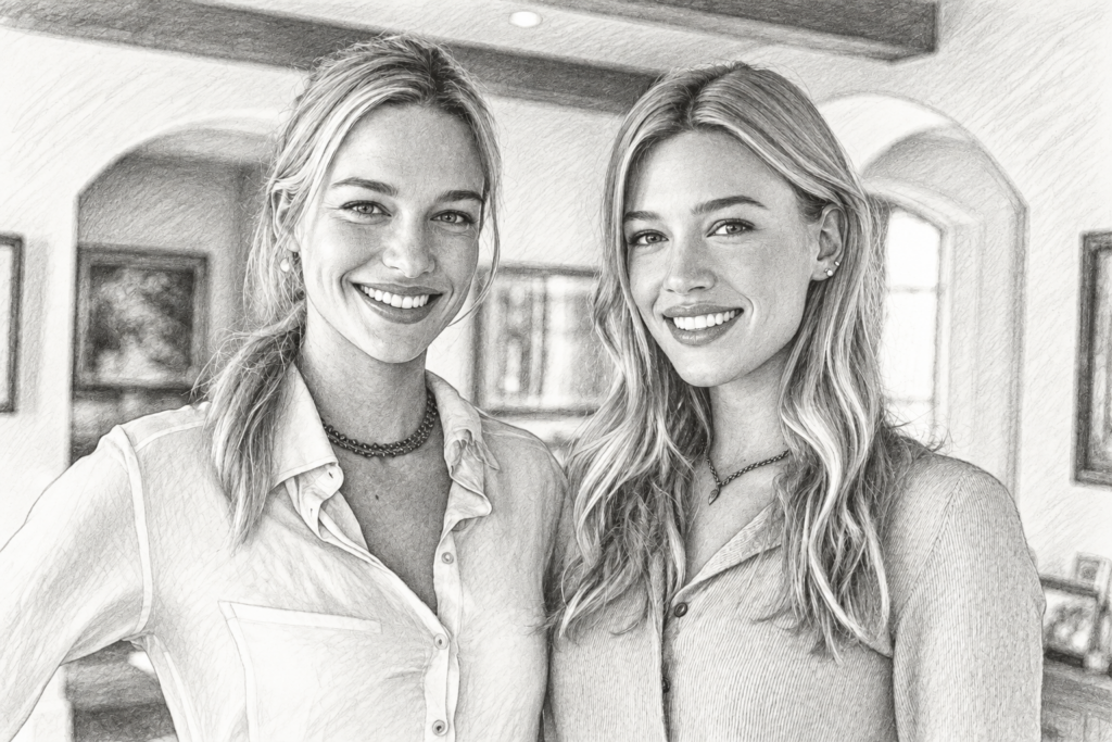 Two smiling women standing together in a bright interior.