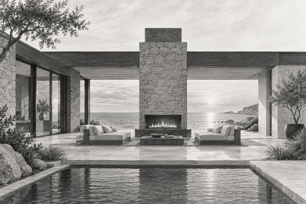 Seaside residence with a low wing, stone hearth, and framed horizon.