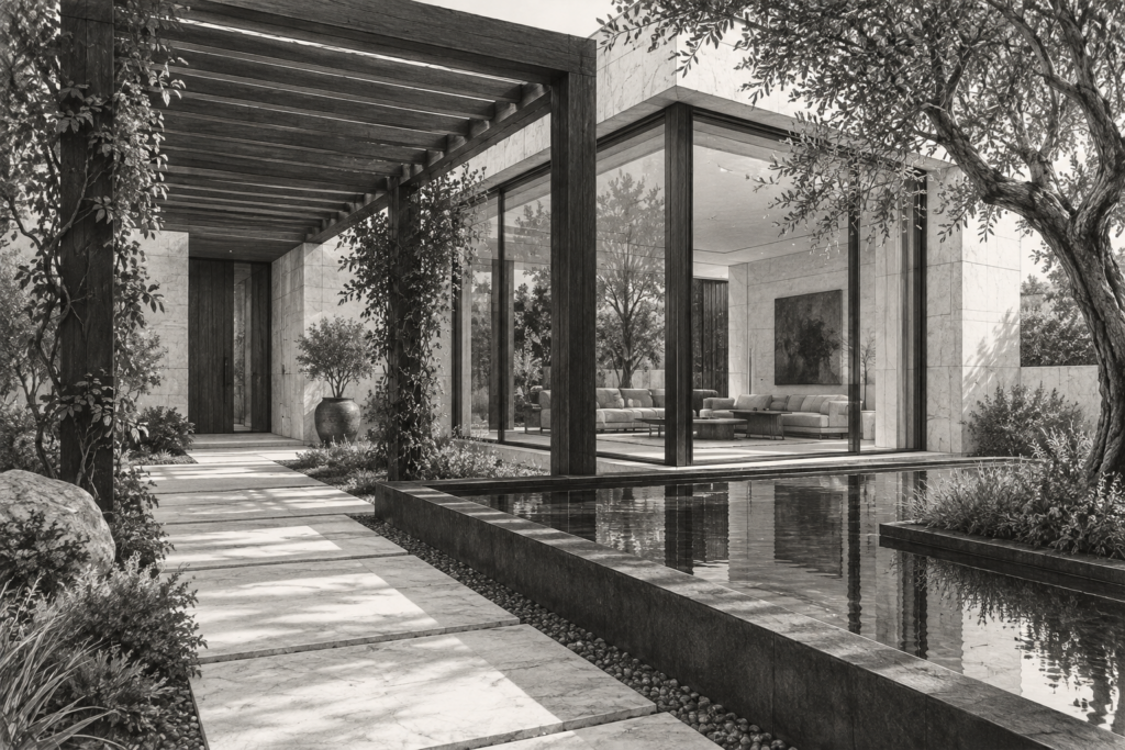 Luxury Real Estate Sales Training Built On Relationship Systems 1 Garden residence behind a screened pergola with a corner window and reflecting basin.