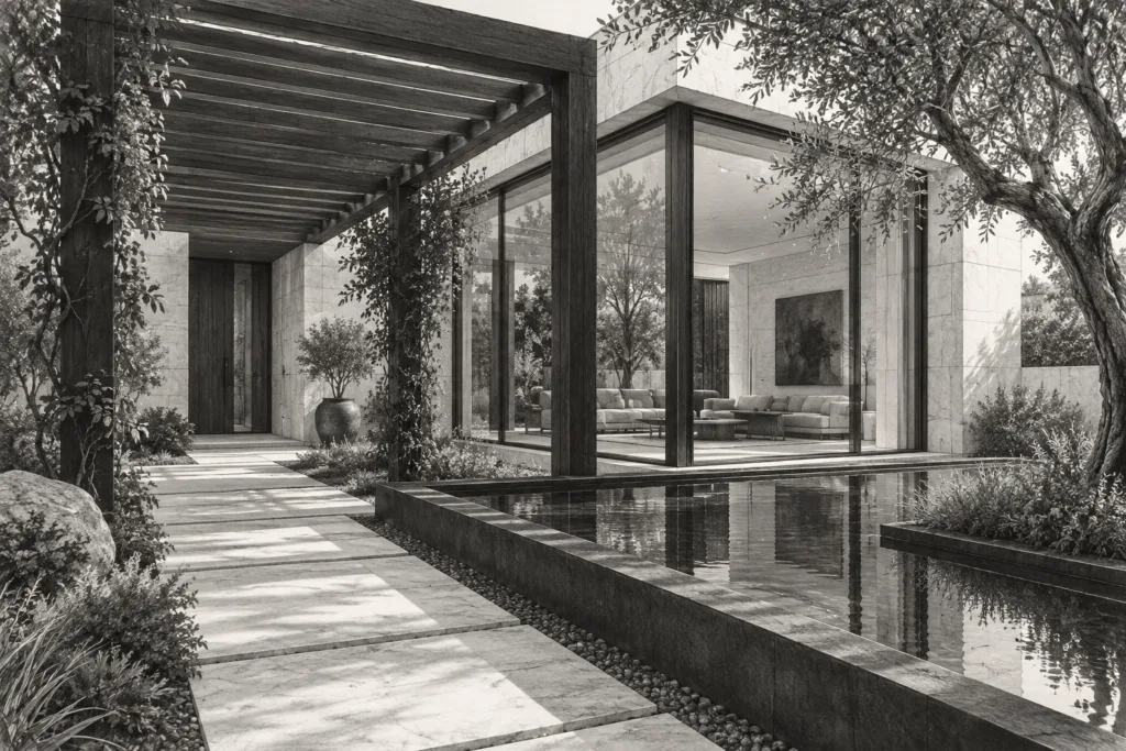 Garden residence behind a screened pergola with a corner window and reflecting basin.