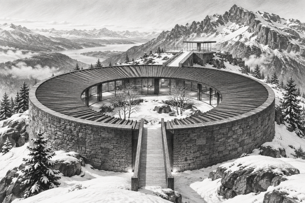 Luxury Real Estate Currency Trends: Timing Deals Like A Market Pro 1 Alpine residence with a circular stone drum around a snow garden.