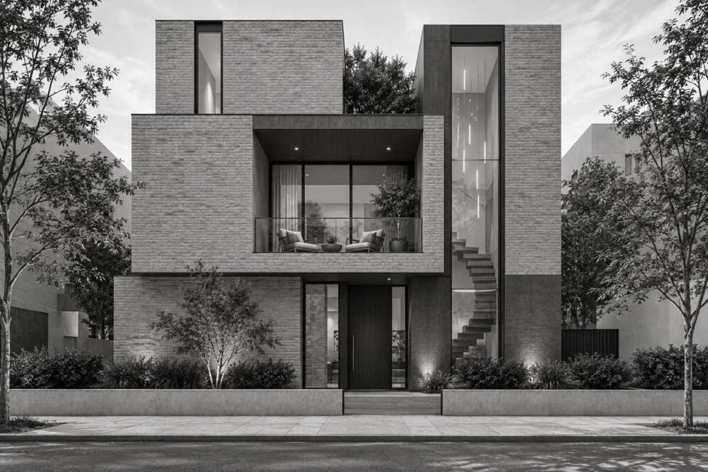 Luxury Real Estate Competitor Analysis: The Blueprint To Outmaneuver 1 Compact urban residence of stacked brick boxes with a recessed balcony and stair lantern.