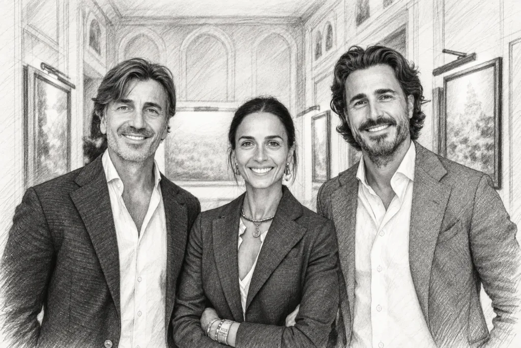 Three adults standing together in a bright interior.