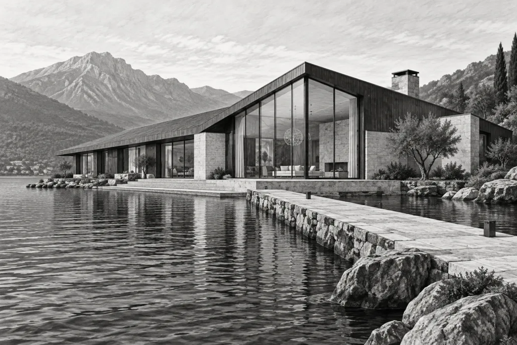 Lakeside longhouse with unequal roof ridges, a glazed corner room and stone jetty.