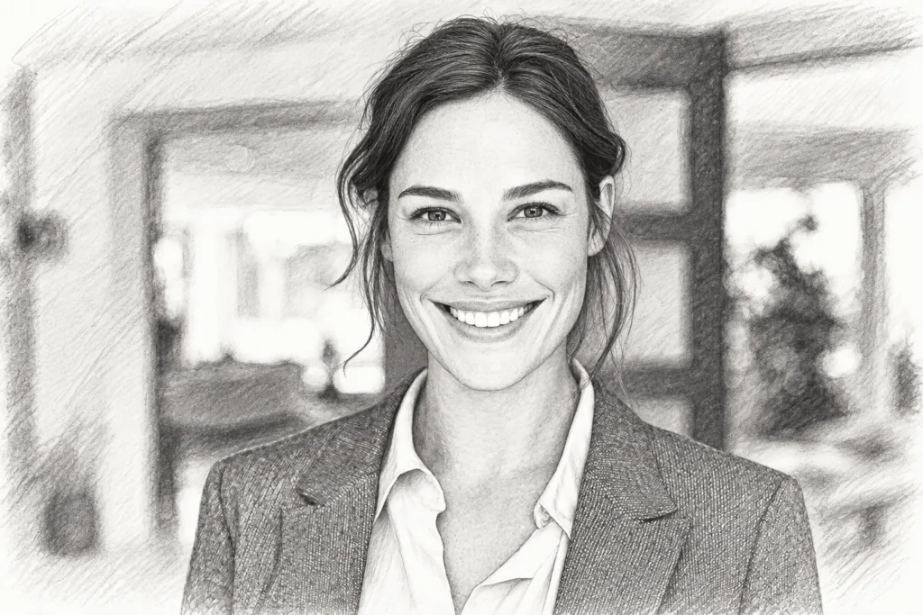 Smiling woman standing in a bright interior.