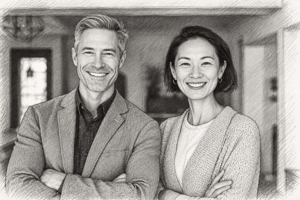 Man and woman standing together in a bright interior.