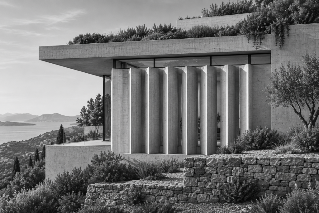 Hillside home with concrete fins, a narrow clerestory and planted roof garden.