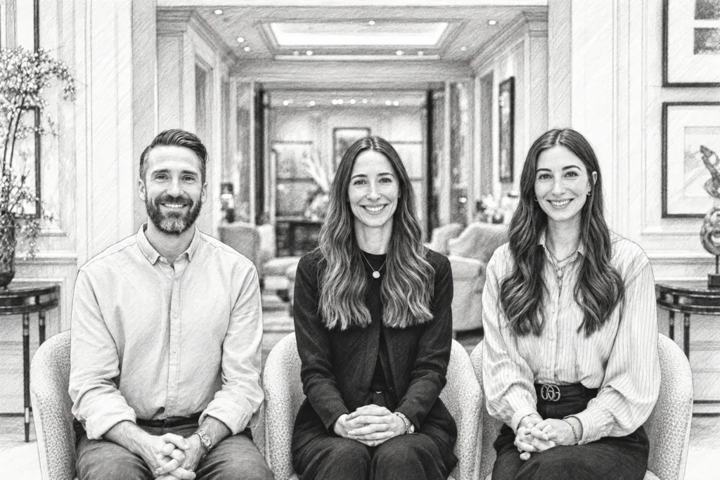 Luxury Real Estate Recruitment Metrics: The Operator’s Scorecard 1 Three adults seated together in a bright interior.