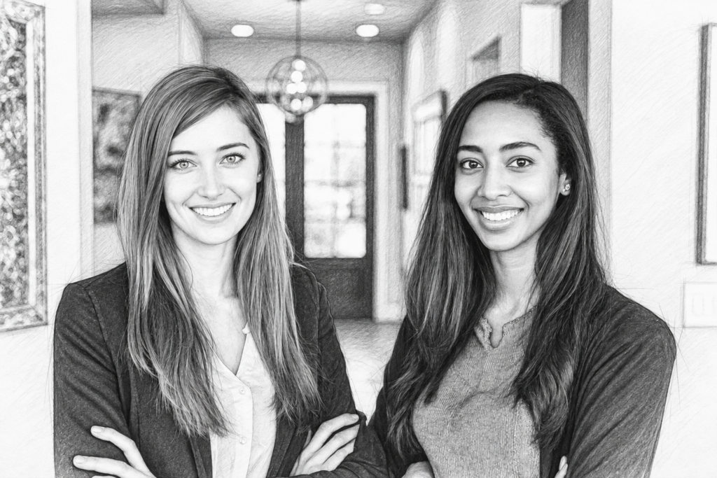 Two women standing together in an interior.