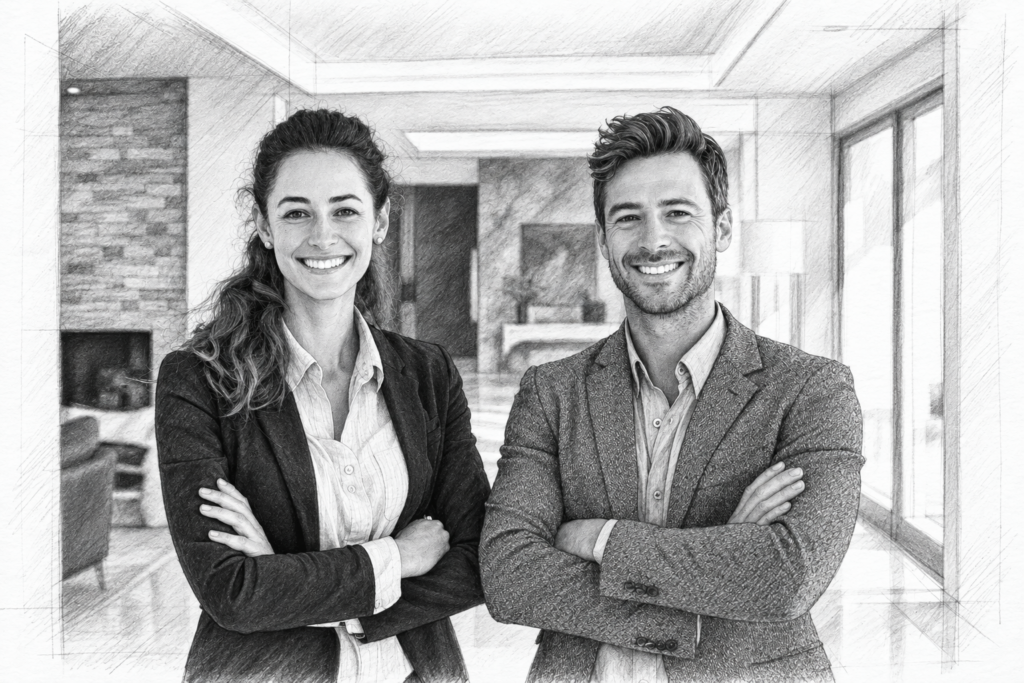 Man and woman standing together in a bright interior.