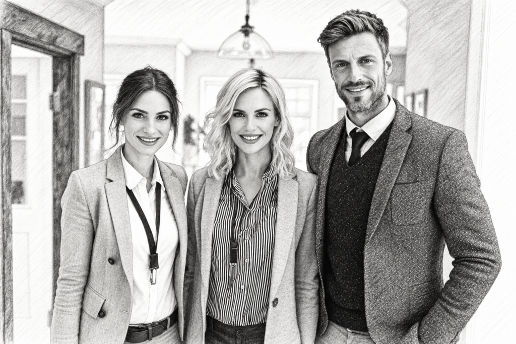 Three professionals standing together in a bright entry.