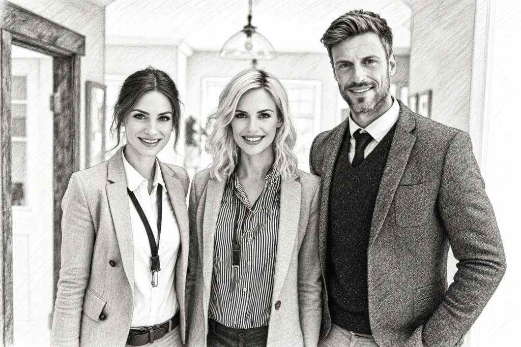 Luxury Virtual Real Estate Tours: The Operator’s 2025 Playbook 1 Three professionals standing together in a bright entry.