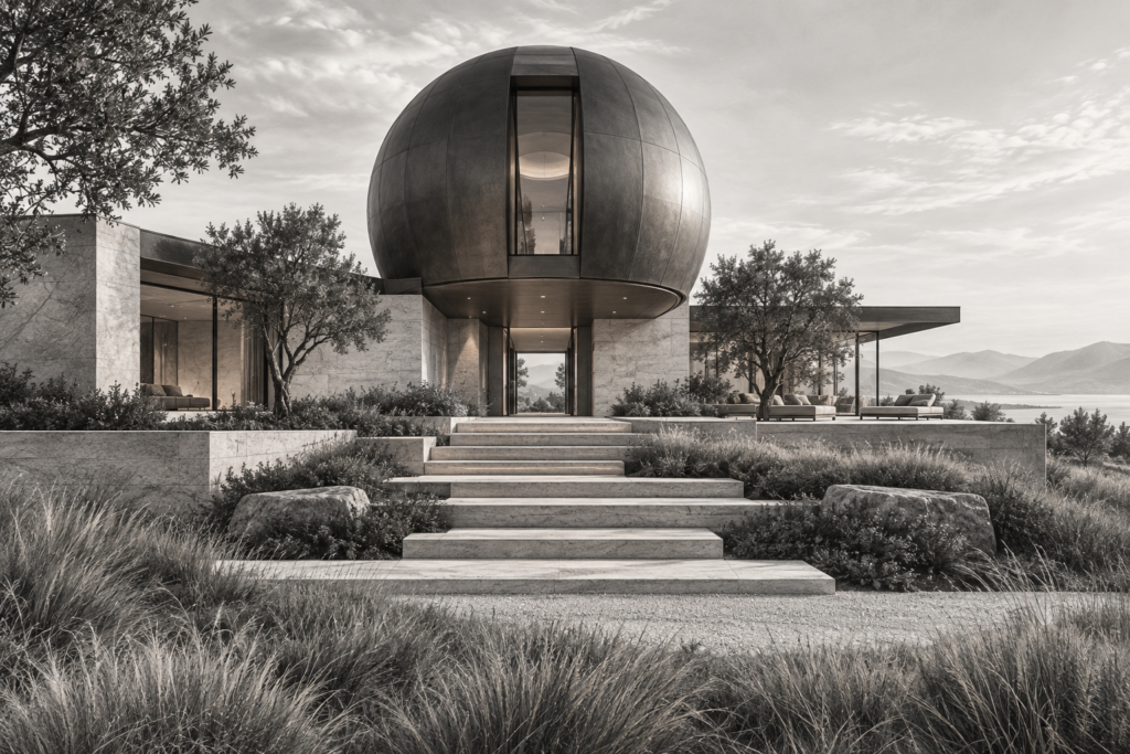Residence with meadow spherical roof, a meadow residence with one spherical roof volume above a stepped stone entry and a broad garden terrace that opens toward grasses and the spherical roof volume hovering above the stone entry.