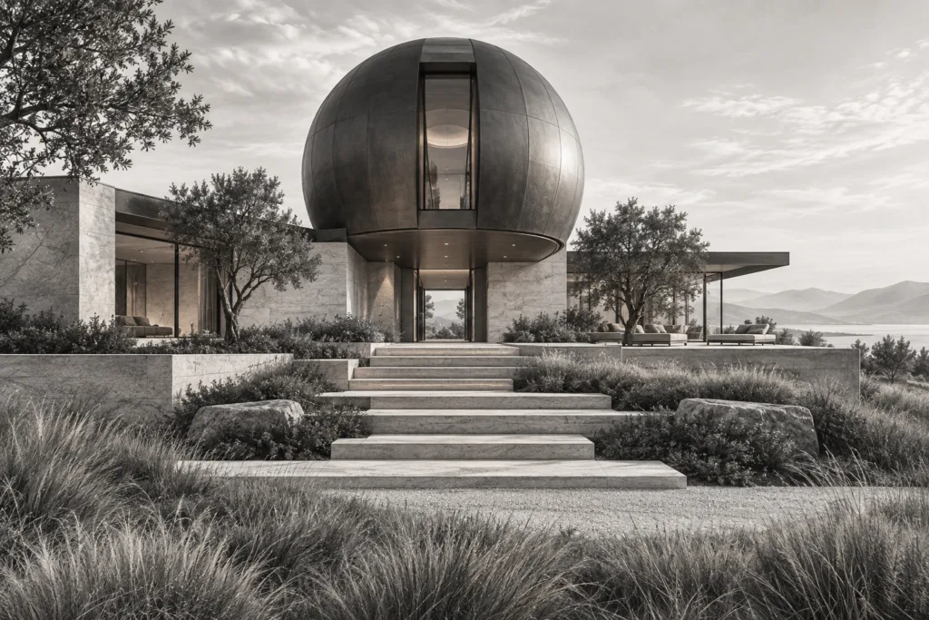 Residence with meadow spherical roof, a meadow residence with one spherical roof volume above a stepped stone entry and a broad garden terrace that opens toward grasses and the spherical roof volume hovering above the stone entry.