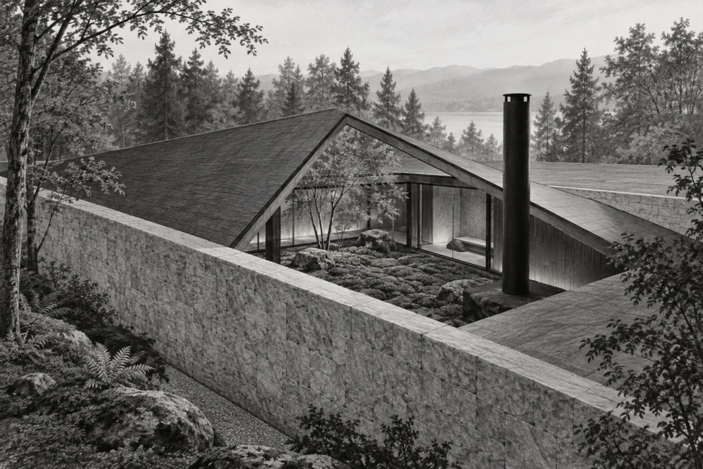Forest-edge residence behind a stone wall with a triangular roof opening.
