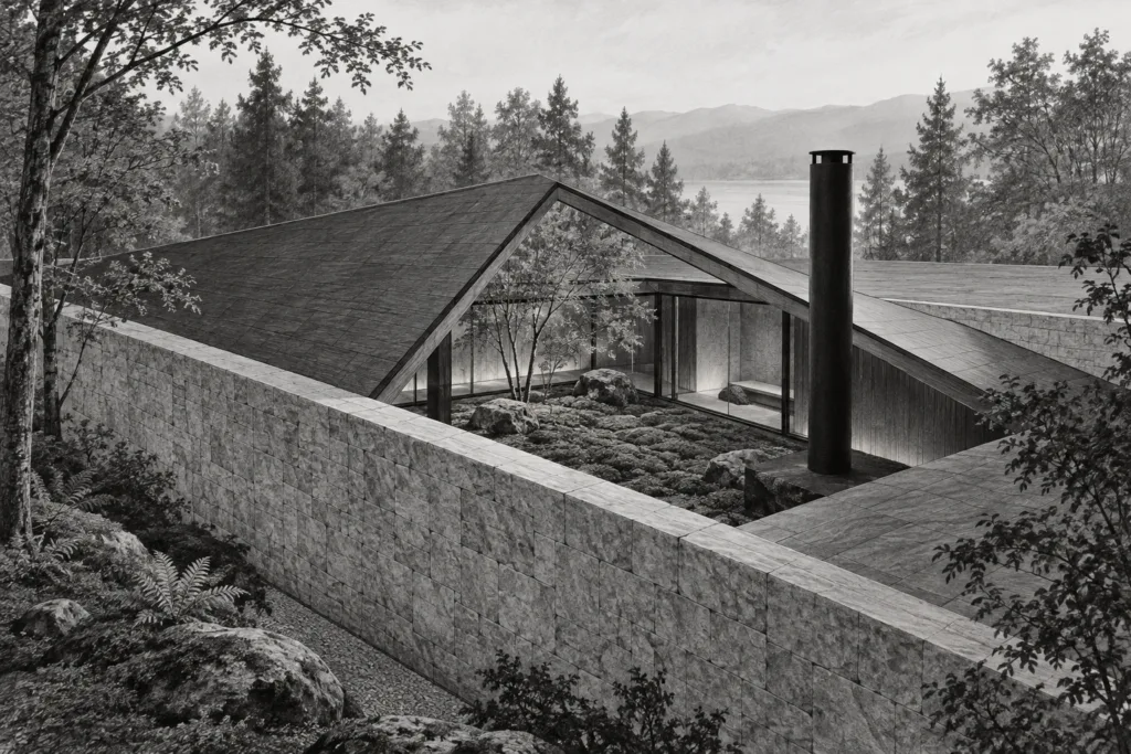 Luxury Real Estate Reputation Management As A Brokerage Growth Asset 1 Forest-edge residence behind a stone wall with a triangular roof opening.
