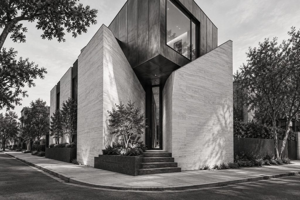 Wellness For Luxury Real Estate Teams: The Performance Multiplier 1 Urban townhouse with rotated stone walls, a triangular entry void and planted stoop.