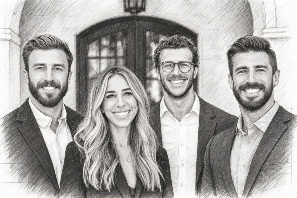 Facebook Wealth Targeting For Luxury Real Estate: The 2025 Playbook 1 Four professionals standing together in a residential entry.