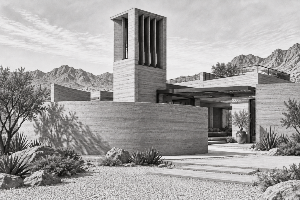 Sustainable Luxury Real Estate Marketing: The Operator’s Playbook 1 Rammed-earth residence with a tall wind tower and curved shade wall.