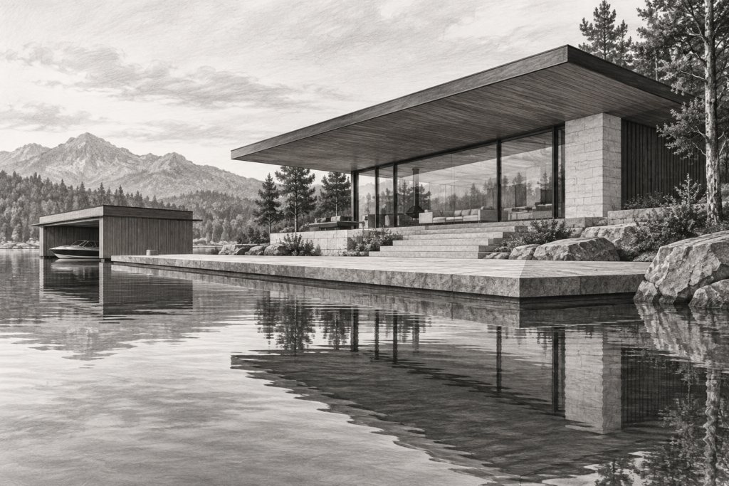 Luxury Property Seo Strategies To Dominate High-End Listing Visibility 1 Lake house beneath a floating roof with a long picture window and dock.