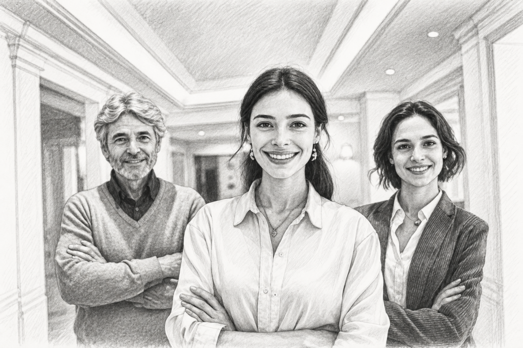 Luxury Real Estate Outsourcing Strategies Elite Agents Use To Scale 1 Three adults standing together in a bright hallway.