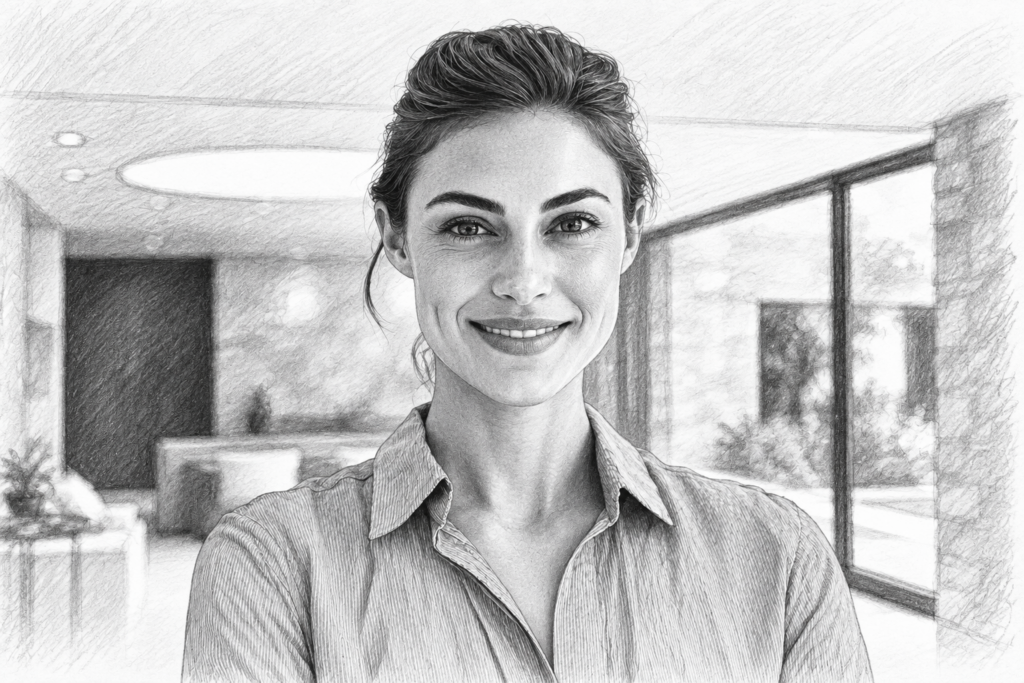 Luxury Real Estate Delegation Strategies: Task Leverage For Elite Operators 1 Smiling woman in a collared shirt standing in a modern interior.