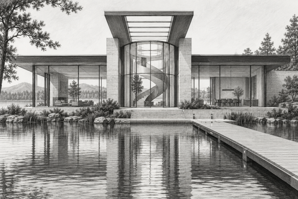 Lake residence with a linear skylight, circular stair hall, and dock.