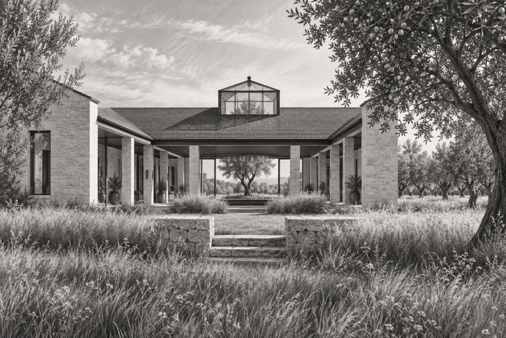 Emotional Intelligence Luxury Real Estate: Close High-Stakes Deals Faster 1 Meadow residence around a covered cloister with a central roof lantern and stone threshold.
