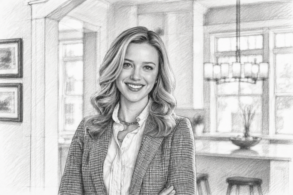 Smiling blonde woman wearing a checked blazer in a bright residential interior.