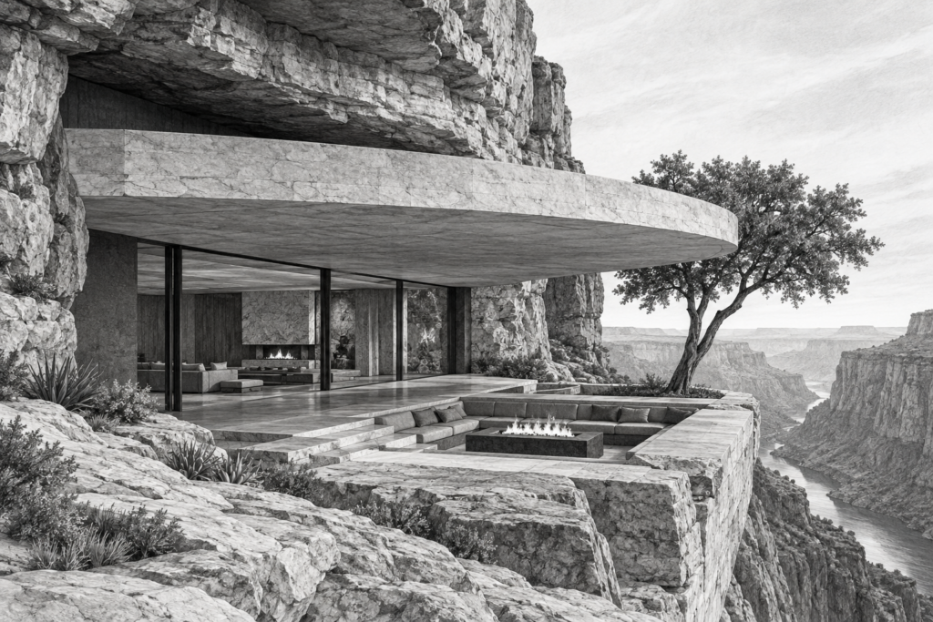 Canyon residence beneath a horizontal stone shell with a sunken fire terrace.