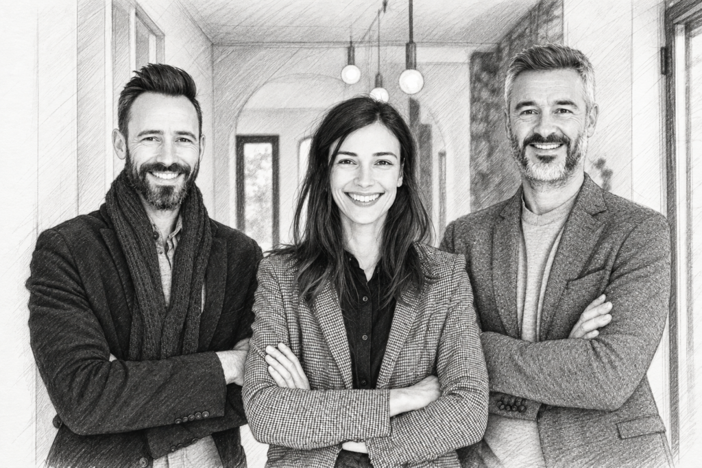 Three adults standing together in a bright interior.