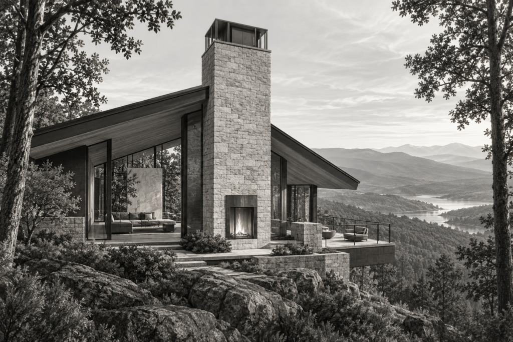 Luxury Real Estate Client Management Systems For Brokerage-Scale Leaders 1 Residence with wooded ridge hearth tower, a wooded ridge home under split roof planes, with a freestanding stone hearth tower and a narrow terrace looking into a distant valley and the hearth tower separating the split roof planes.