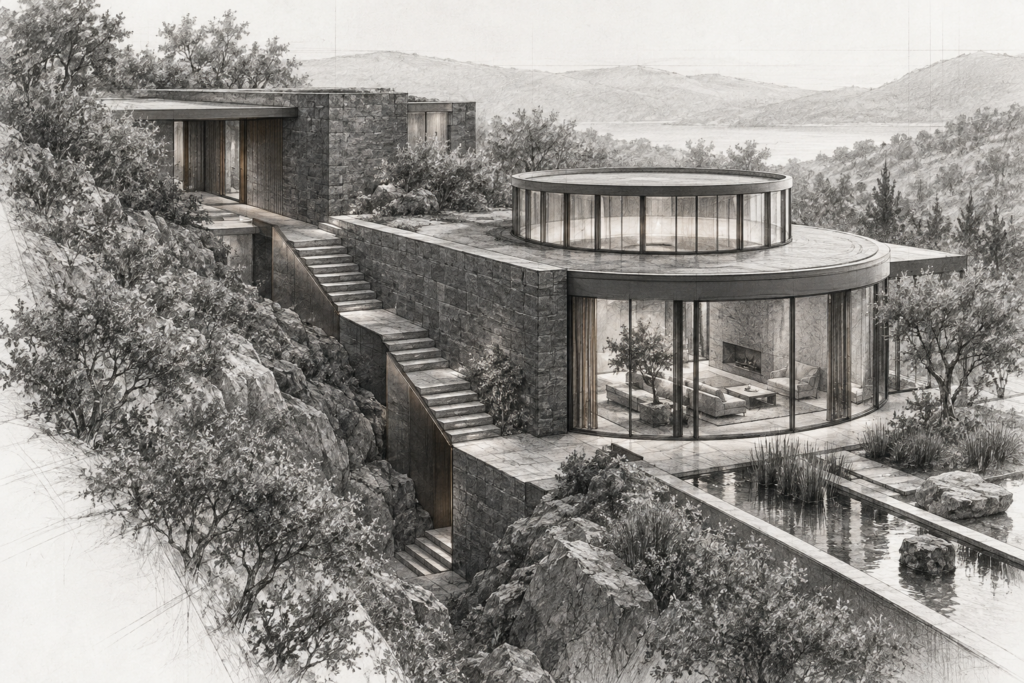 Empathy-Driven Sales Coaching For Luxury Real Estate Teams 1 Residence with ravine house, low terrace residence, split level stone ramp and circular clerestory court.