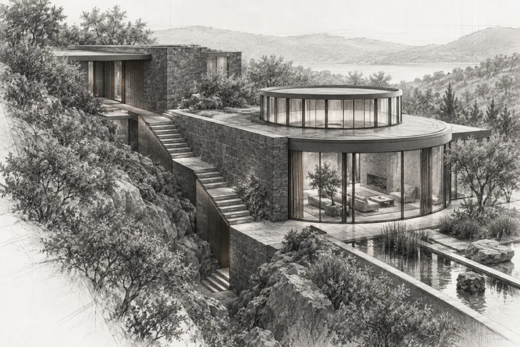 Empathy-Driven Sales Coaching For Luxury Real Estate Teams 1 Residence with ravine house, low terrace residence, split level stone ramp and circular clerestory court.