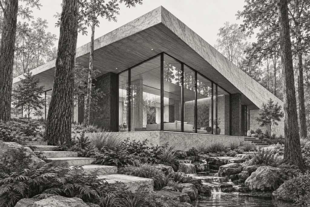Luxury Real Estate Innovation Strategies To Dominate In 2025 1 Forest residence beneath a canted stone roof with a glazed corner gallery.