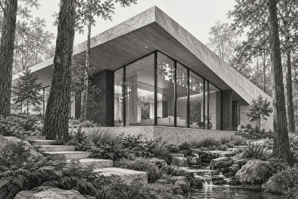 Luxury Real Estate Innovation Strategies To Dominate In 2025 1 Forest residence beneath a canted stone roof with a glazed corner gallery.