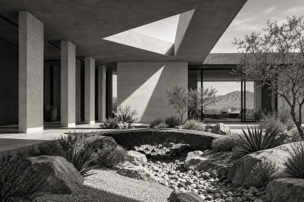 Scalable Luxury Listing Management For Brokerage-Scale Leaders 1 Desert house with a shaded colonnade, triangular roof aperture and dry creek garden.
