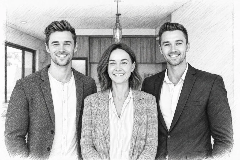 Luxury Real Estate Tax Strategies: Unconventional Moves For Elite Deals 1 Three adults standing together in a bright interior.