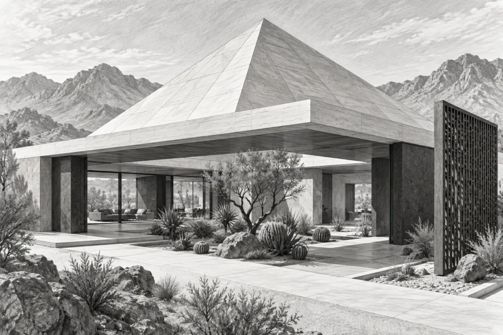 Luxury Real Estate Onboarding Strategies That Cut Ramp Time In Half 1 Desert residence beneath a faceted stone roof with a deep veranda and screen.