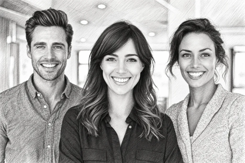 Luxury Real Estate Schedule Optimization For Peak Performance 1 Man and two women standing together in a bright interior.